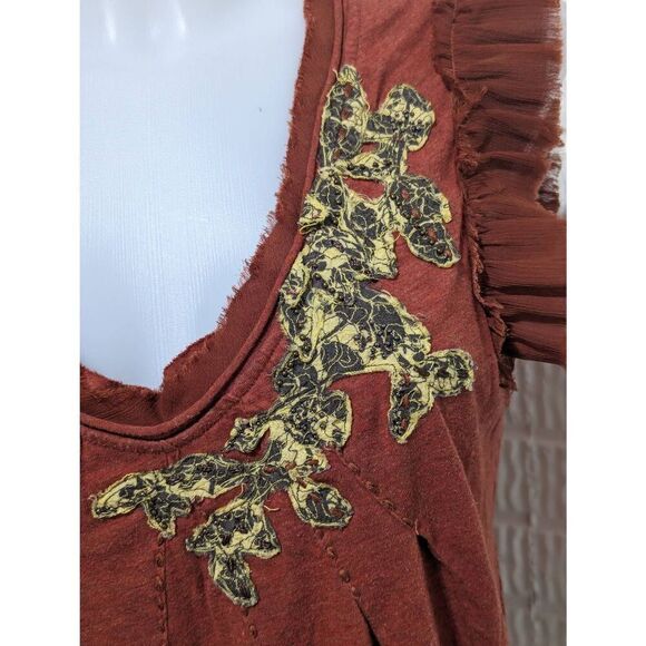 Unbranded Women's S Rust V Neck T-Shirt Silk Trimmed Floral Embellished - Picture 2 of 8